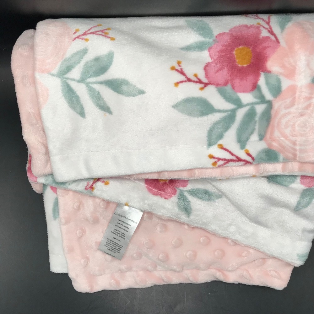 Catherine Malandrino Floral Baby Blanket Pink Minky Dot Rose Print Nursery White